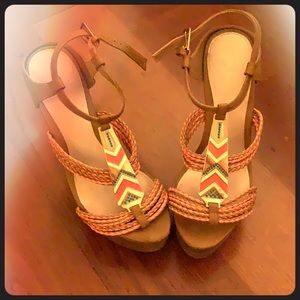 Tan and coral Aldo wedges